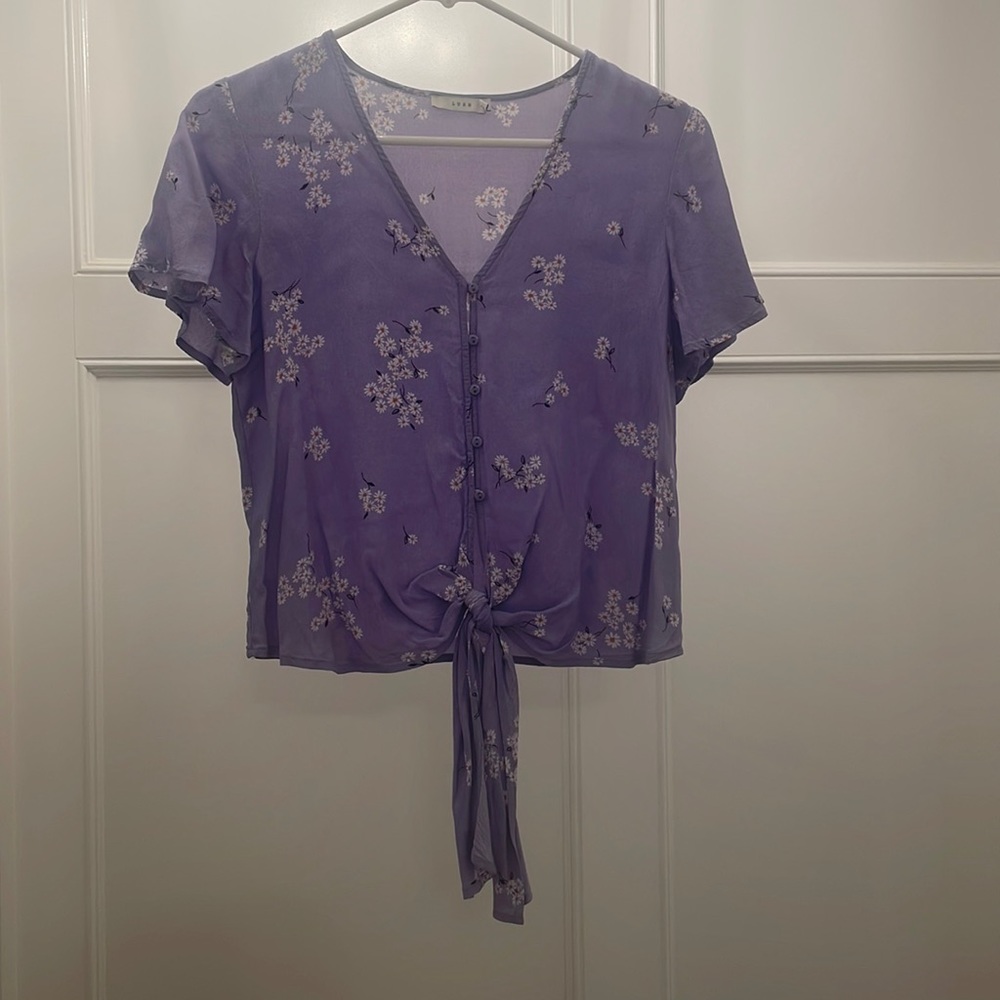Pretty purple button down tie blouse